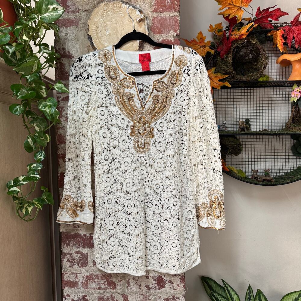 Y2K Bohemian Lace Sequin Beaded Embroidered Tunic Dress/ Top Small